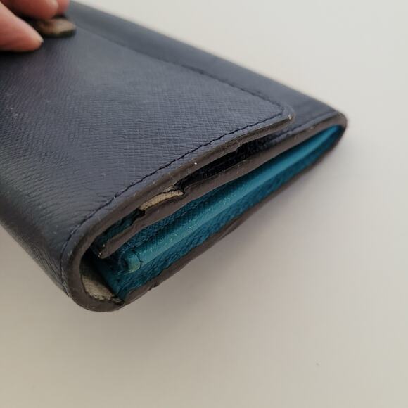 Michael Kors MK Navy Blue Color Block Wallet Clutch Large Logo Saffiano Leather - Picture 12 of 12